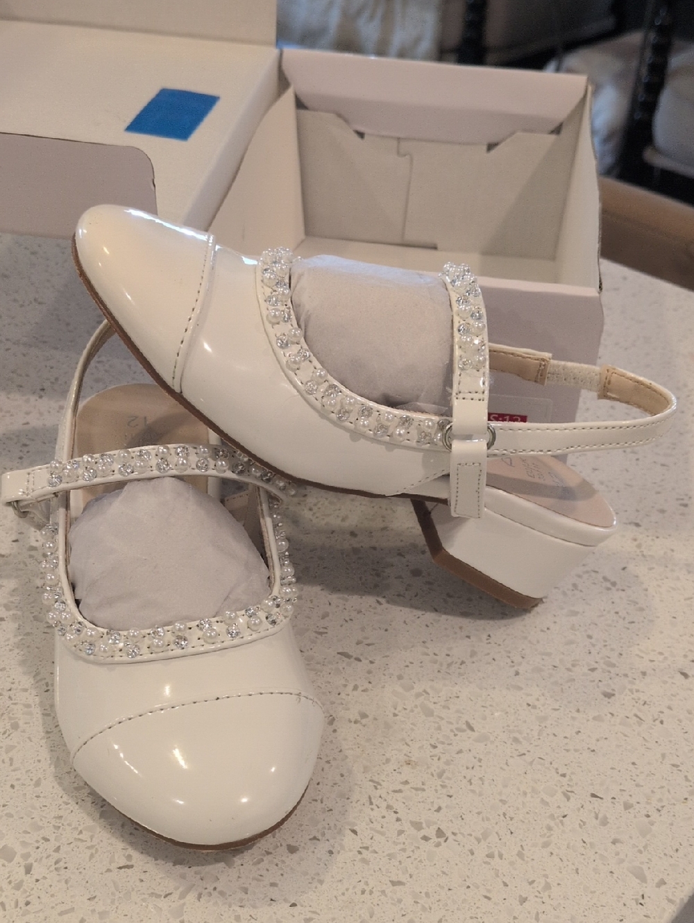 White Embellished Mary Jane Slingback Heels -  Little Girls Shoes, Size 12